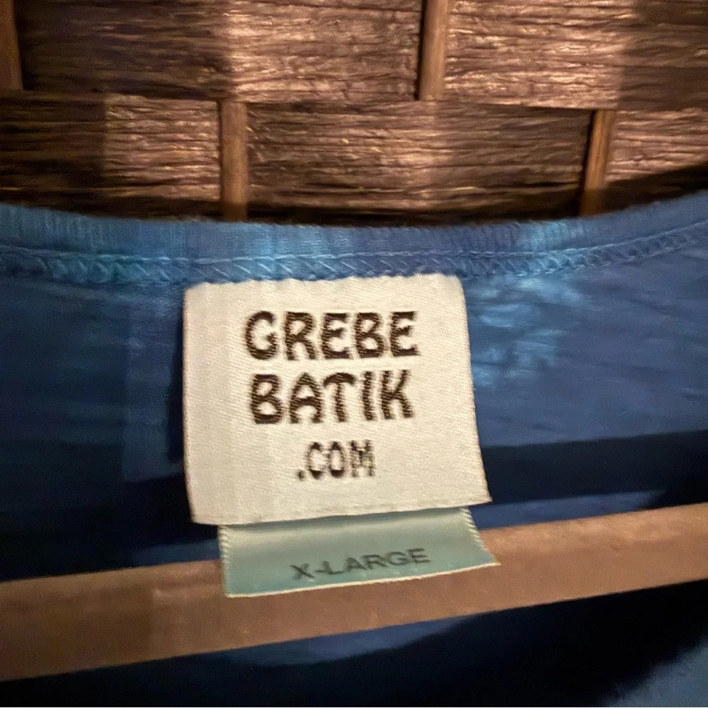 🌿 Grebe Batik Bamboo Tree Tie Dye Top XL Blue Green Artsy Cotton Handmade - Picture 8 of 9